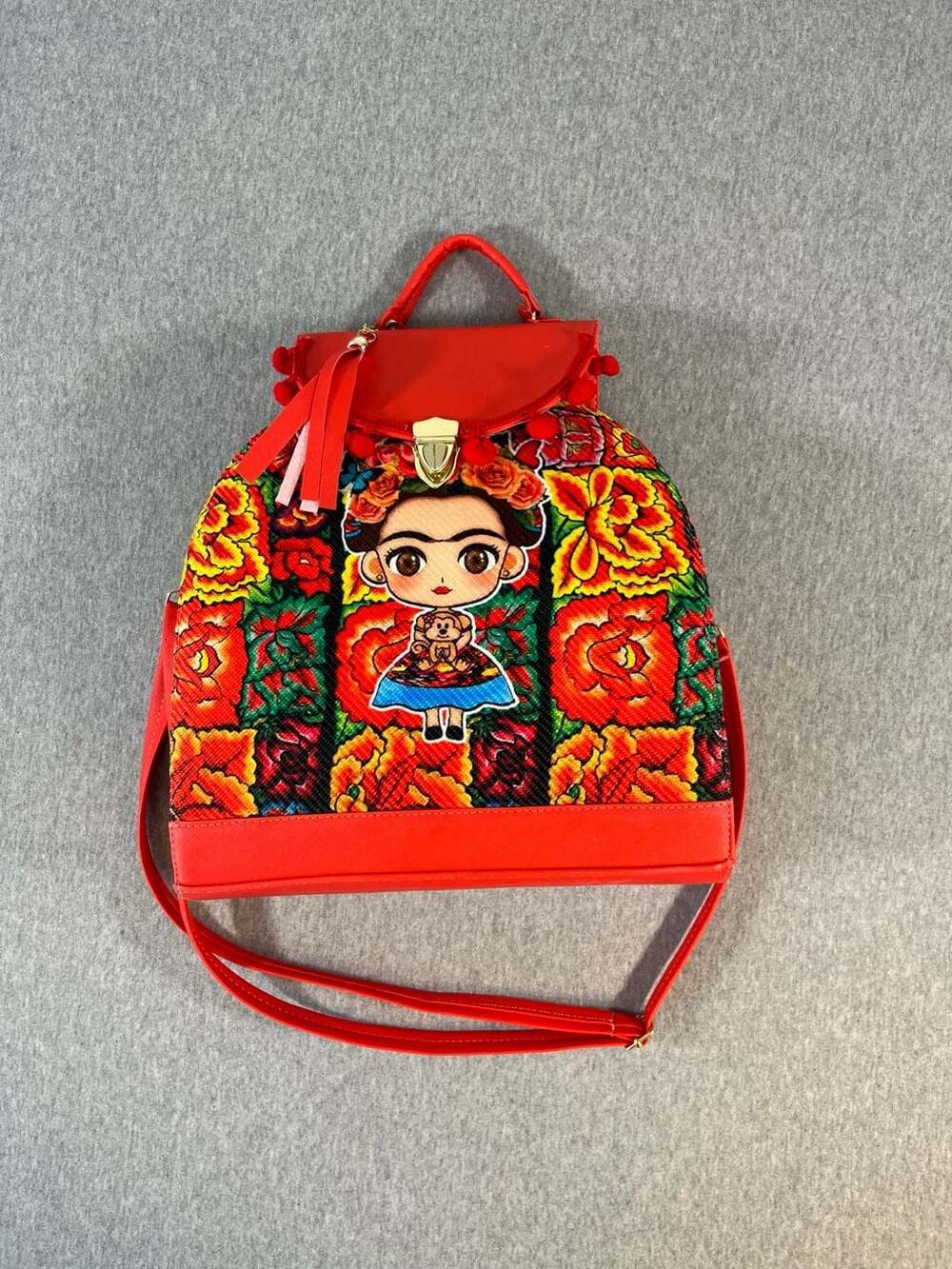 Handmade Frida Kahlo Backpack Red Floral Woven Mexican Bolsa